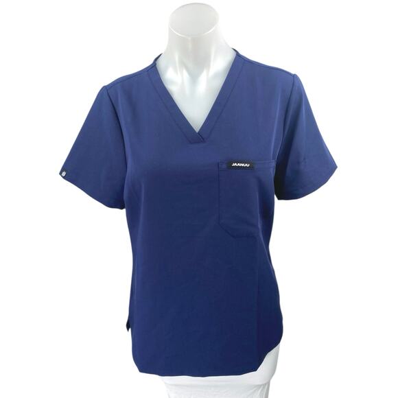 Jaanuu Blue Classic V-Neck Short Sleeve Pocket Medical Scrub Uniform Top Size M - Picture 1 of 4